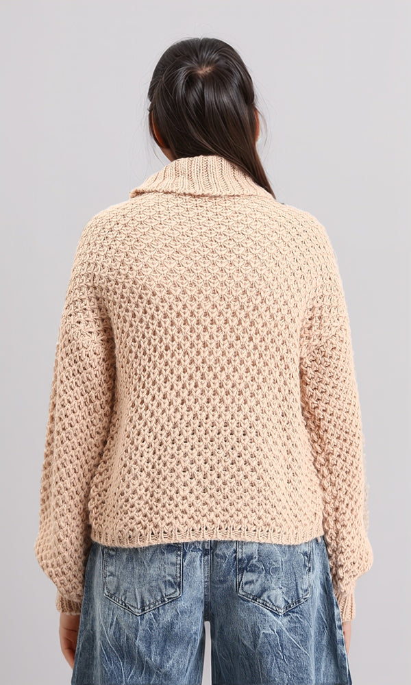 R211377 - Chunky Knit Pullover with High-Neck - Nude