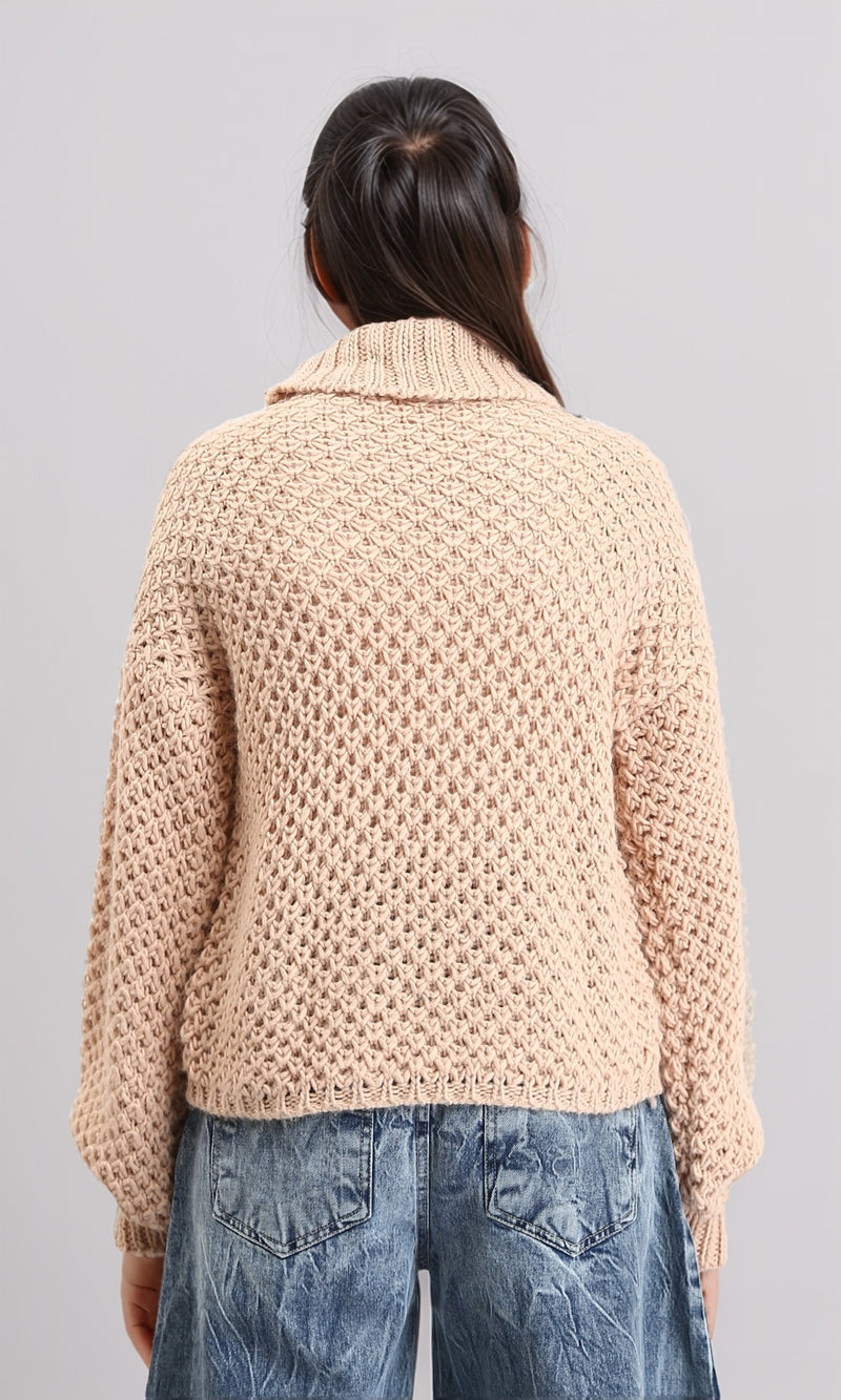 R211377 - Chunky Knit Pullover with High-Neck - Nude