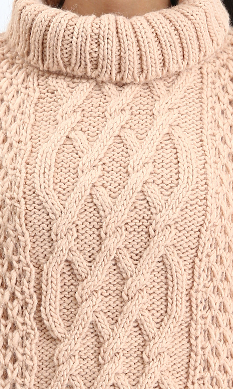 R211377 - Chunky Knit Pullover with High-Neck - Nude