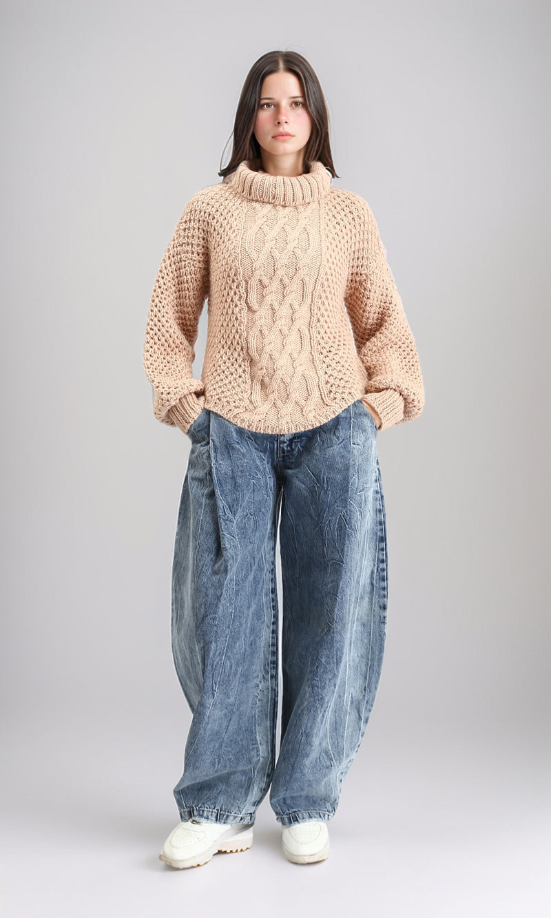 R211377 - Chunky Knit Pullover with High-Neck - Nude