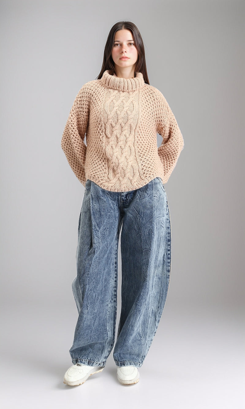 R211377 - Chunky Knit Pullover with High-Neck - Nude