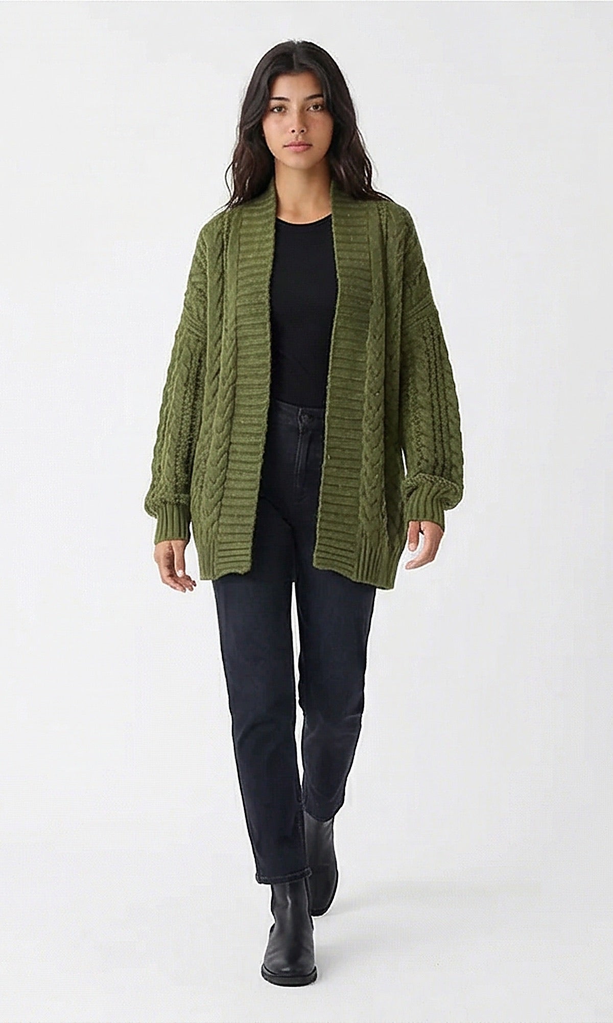 Olive Green Open Front Cable Knit Cardigan