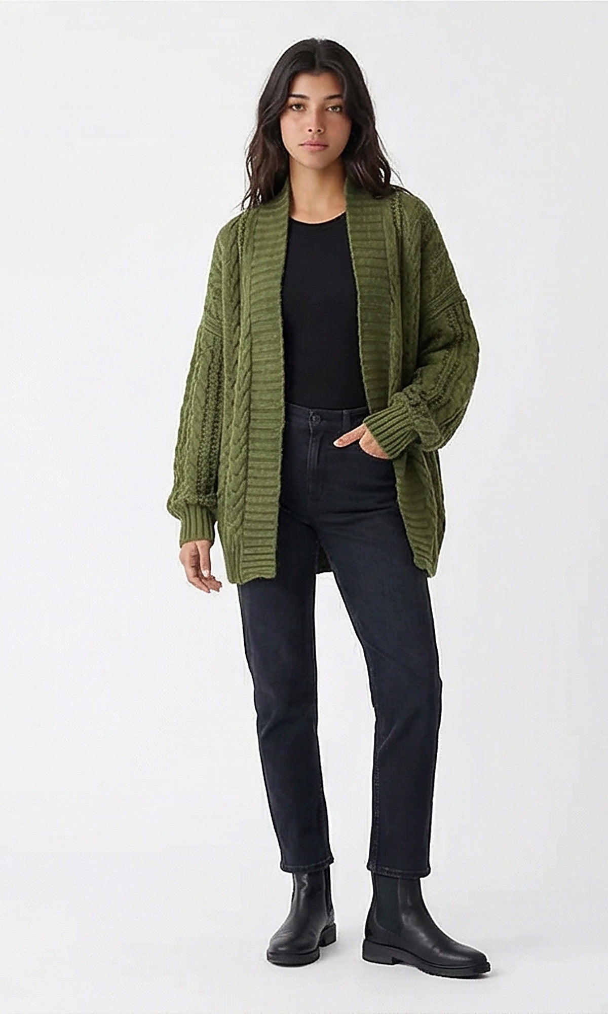 Olive Green Open Front Cable Knit Cardigan