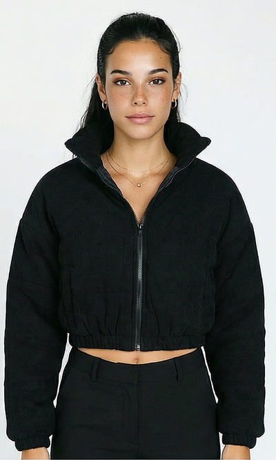 Zipped Cropped Corduroy Jacket - Black