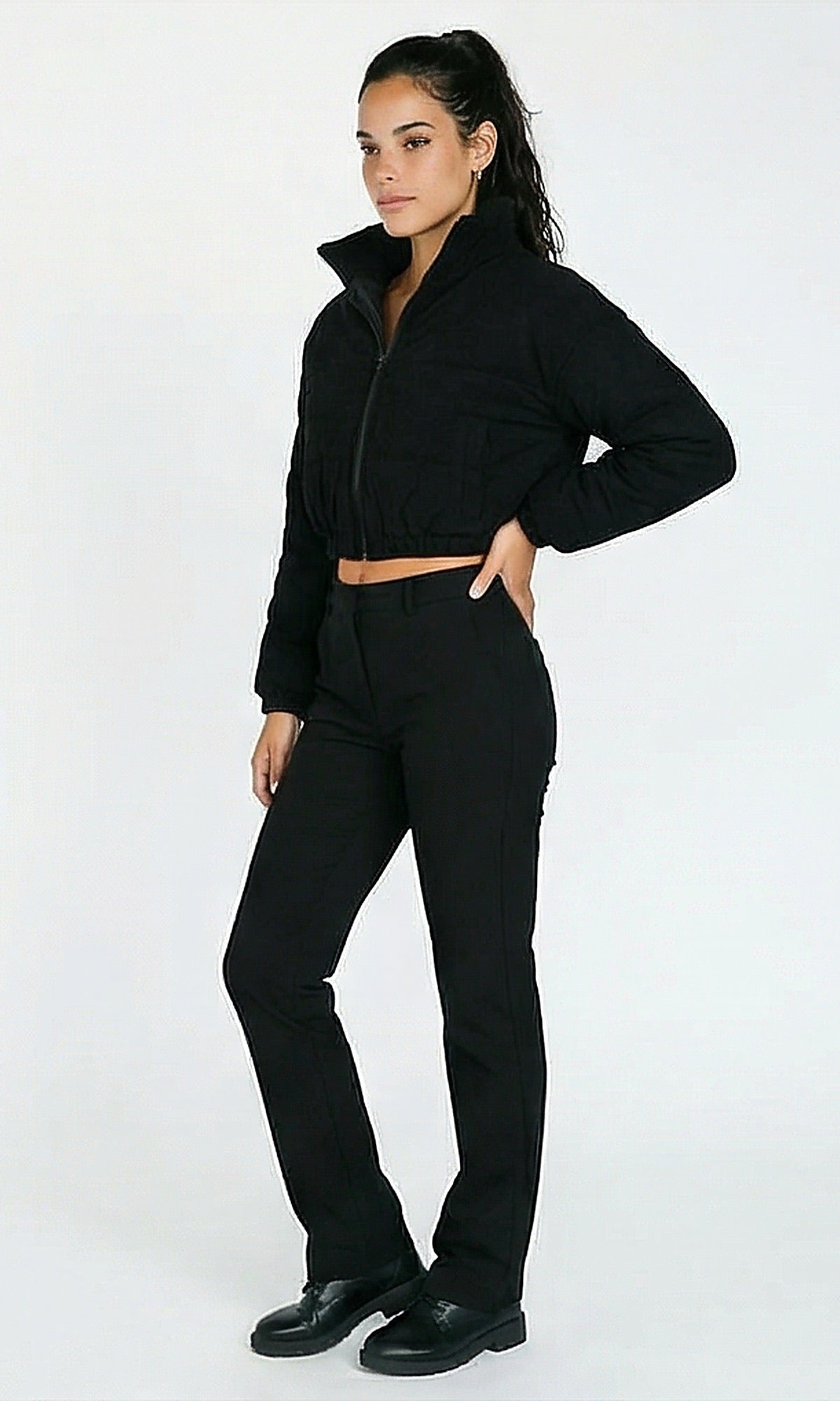R211451 - Zipped Cropped Corduroy Jacket - Black