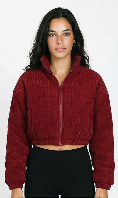 Zipped Cropped Corduroy Jacket - Dark Red