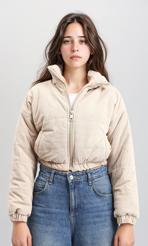 R211453 - Zipped Stand Collar Corduroy Jacket - Beige