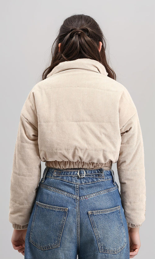 R211453 - Zipped Stand Collar Corduroy Jacket - Beige
