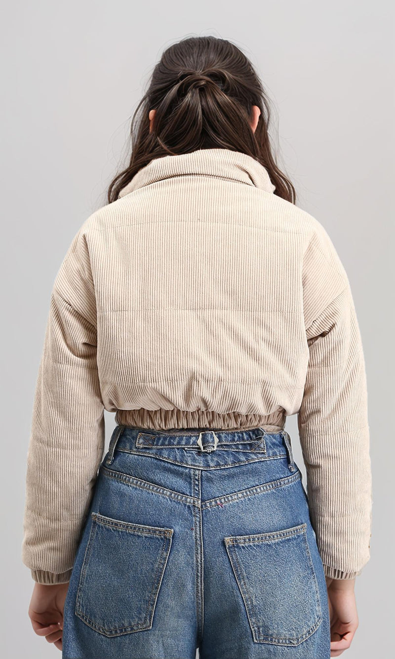 R211453 - Zipped Stand Collar Corduroy Jacket - Beige