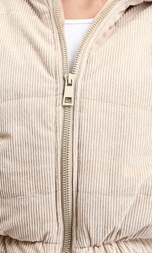 R211453 - Zipped Stand Collar Corduroy Jacket - Beige
