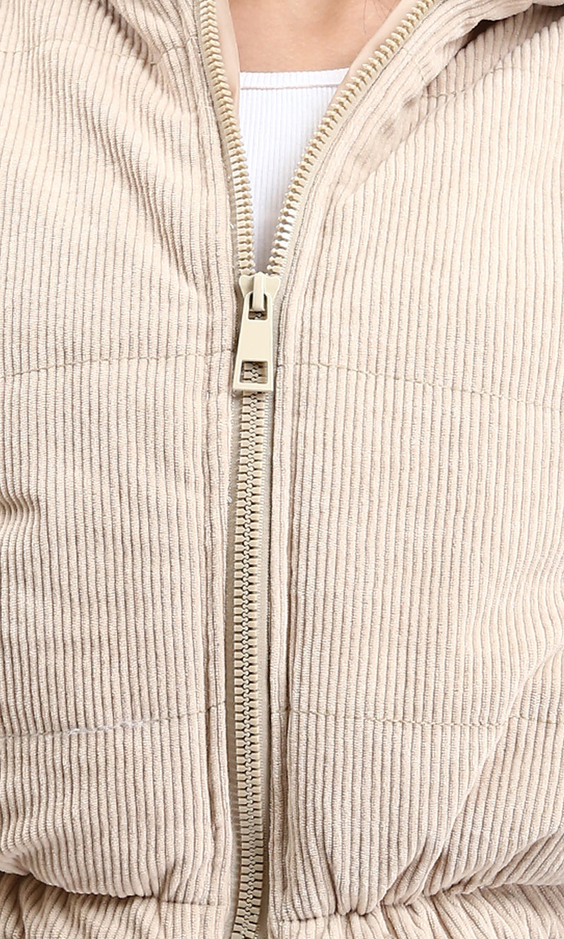 R211453 - Zipped Stand Collar Corduroy Jacket - Beige