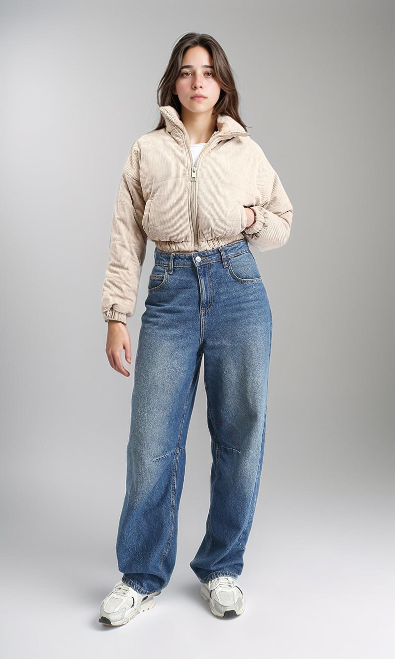 R211453 - Zipped Stand Collar Corduroy Jacket - Beige