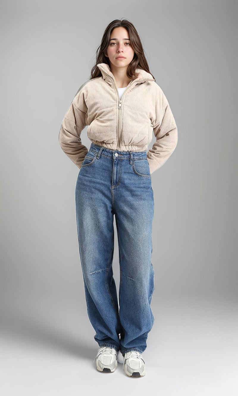 R211453 - Zipped Stand Collar Corduroy Jacket - Beige