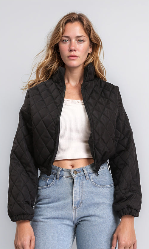 Fashionable Zipped Short Quilted Jacket - Black