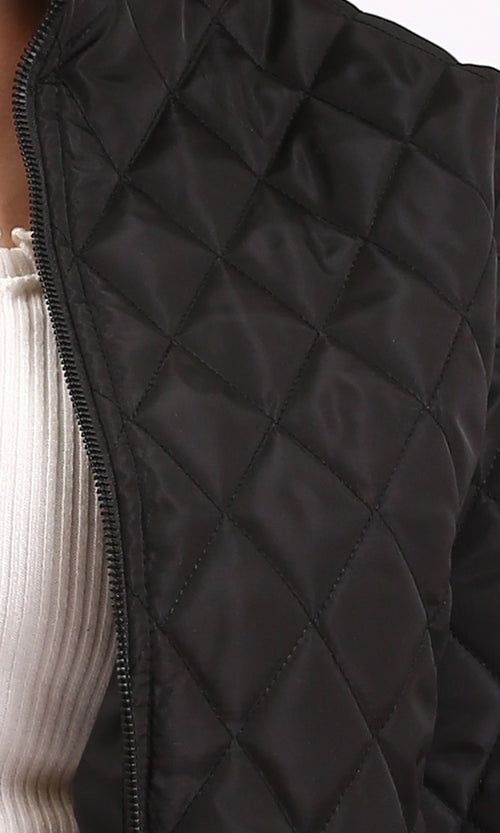 R211455 - Fashionable Zipped Short Quilted Jacket - Black