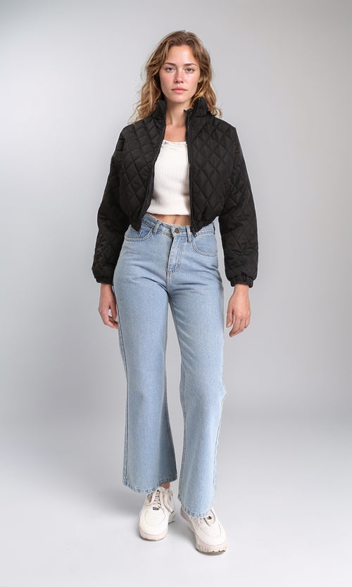 R211455 - Fashionable Zipped Short Quilted Jacket - Black
