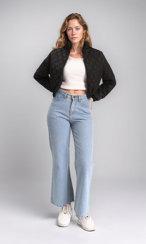 R211455 - Fashionable Zipped Short Quilted Jacket - Black