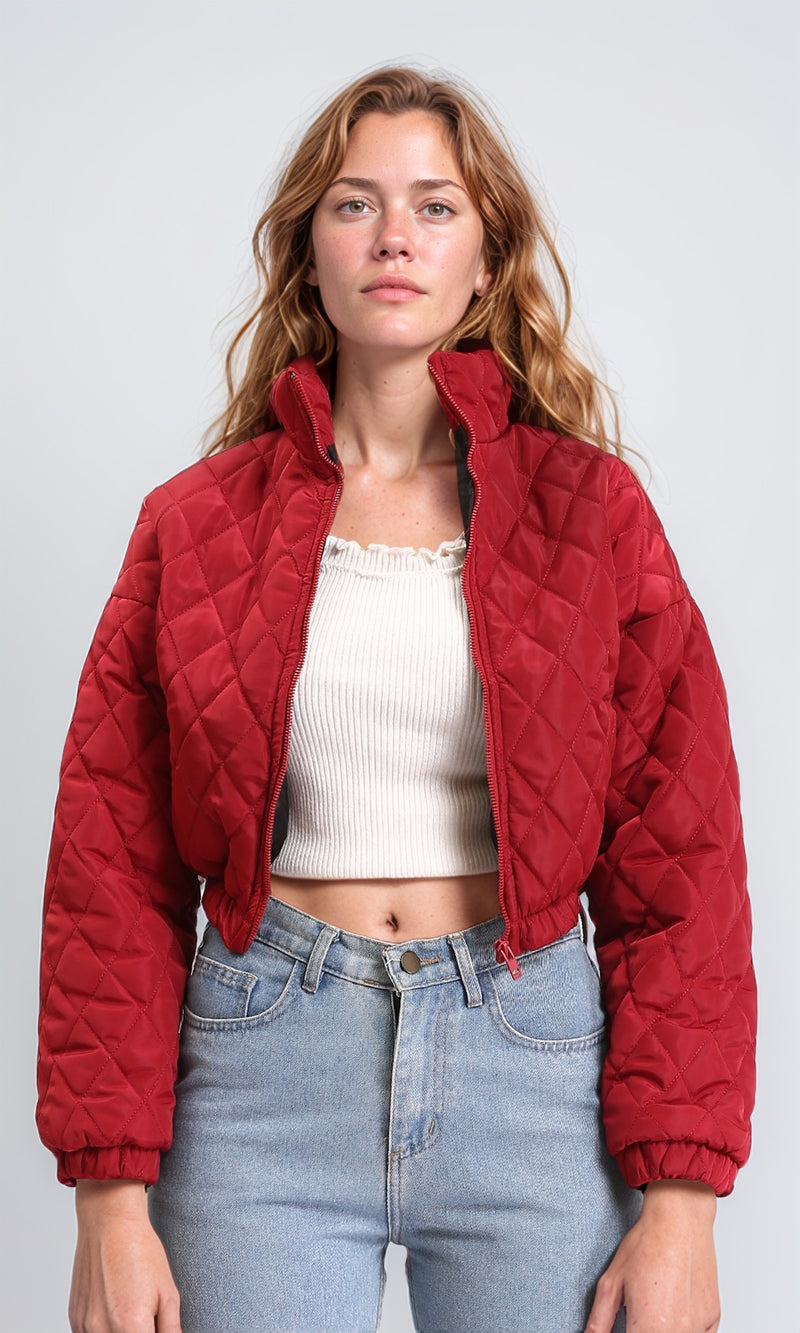R211456 - Fashionable Zipped Short Quilted Jacket - Dark Red