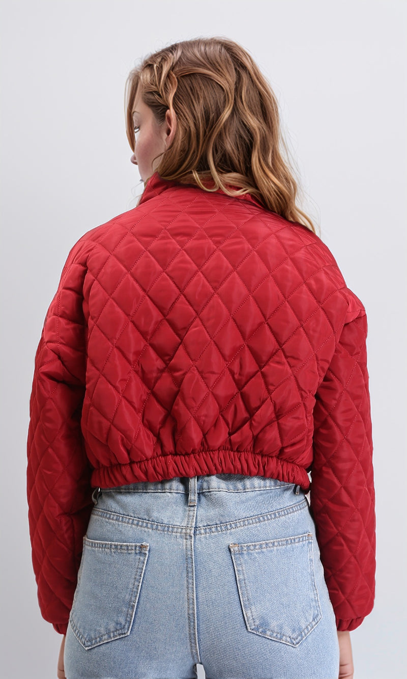 R211456 - Fashionable Zipped Short Quilted Jacket - Dark Red
