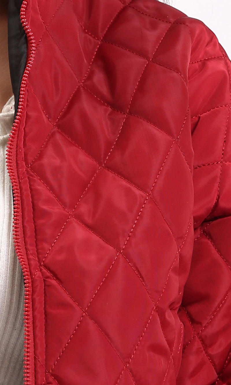 R211456 - Fashionable Zipped Short Quilted Jacket - Dark Red