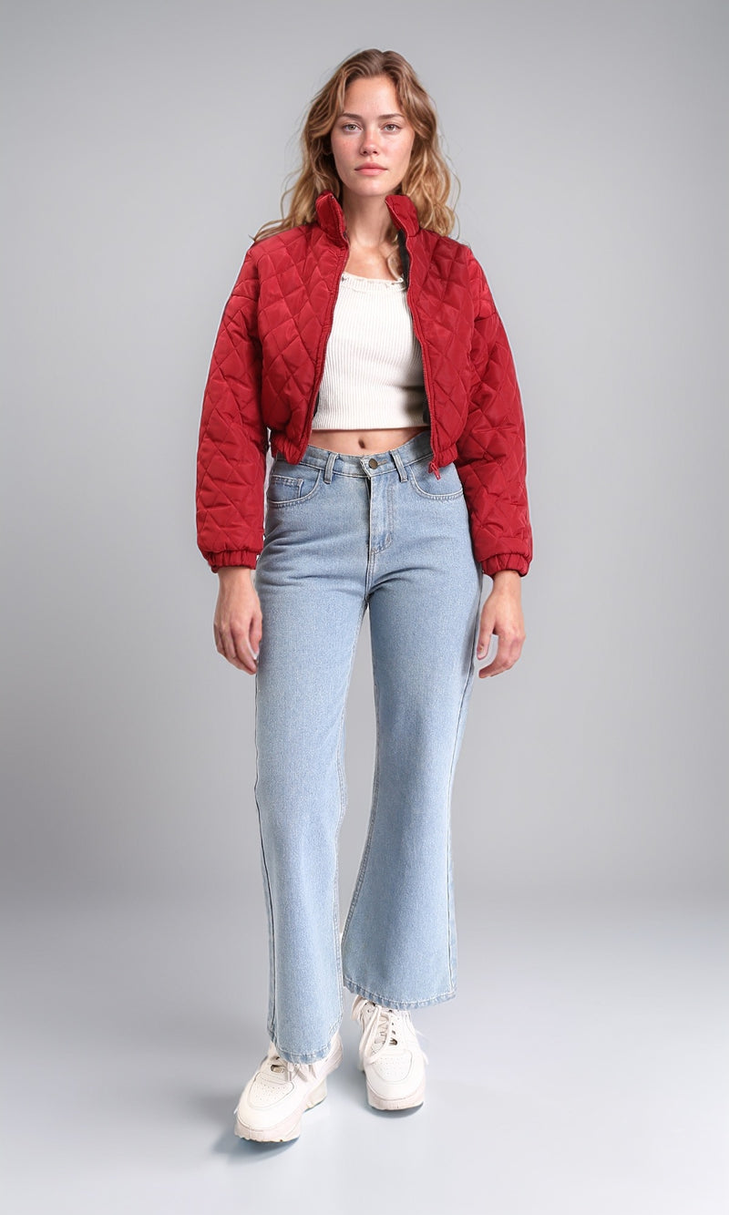 R211456 - Fashionable Zipped Short Quilted Jacket - Dark Red