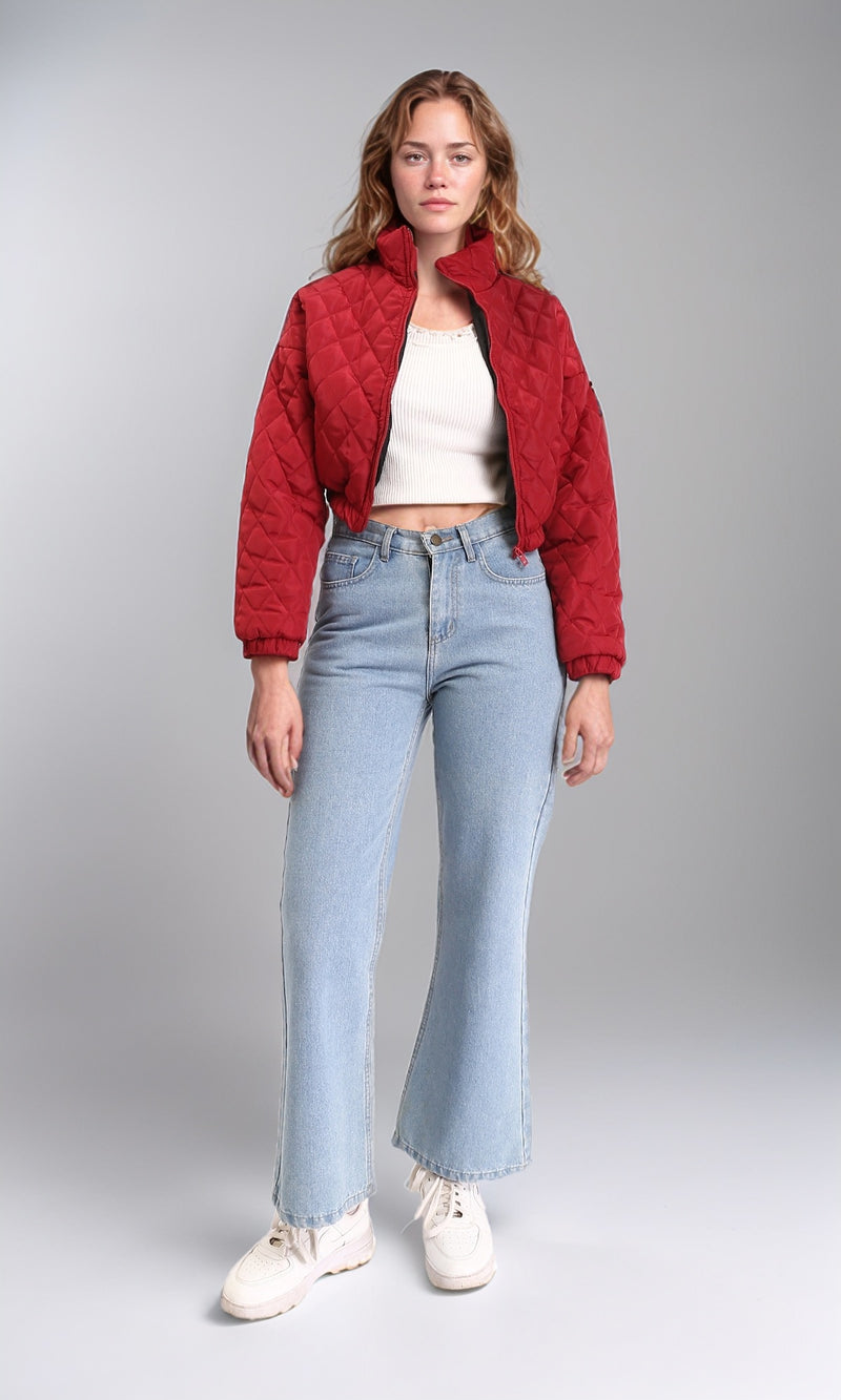 R211456 - Fashionable Zipped Short Quilted Jacket - Dark Red