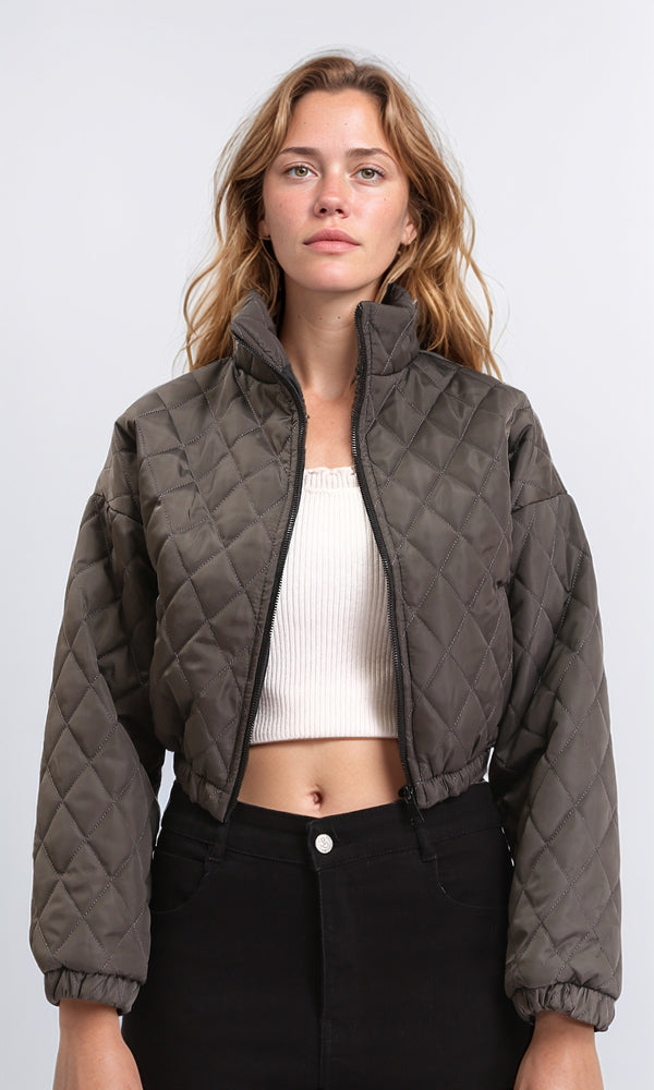 R211457 - Fashionable Zipped Short Quilted Jacket - Charcoal Grey