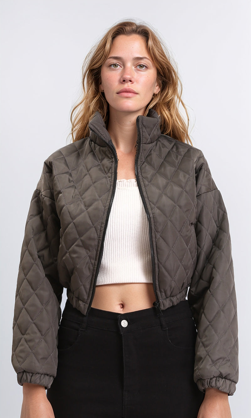 R211457 - Fashionable Zipped Short Quilted Jacket - Charcoal Grey