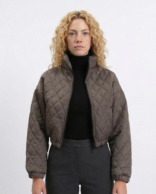 Fashionable Zipped Short Quilted Jacket - Charcoal Grey
