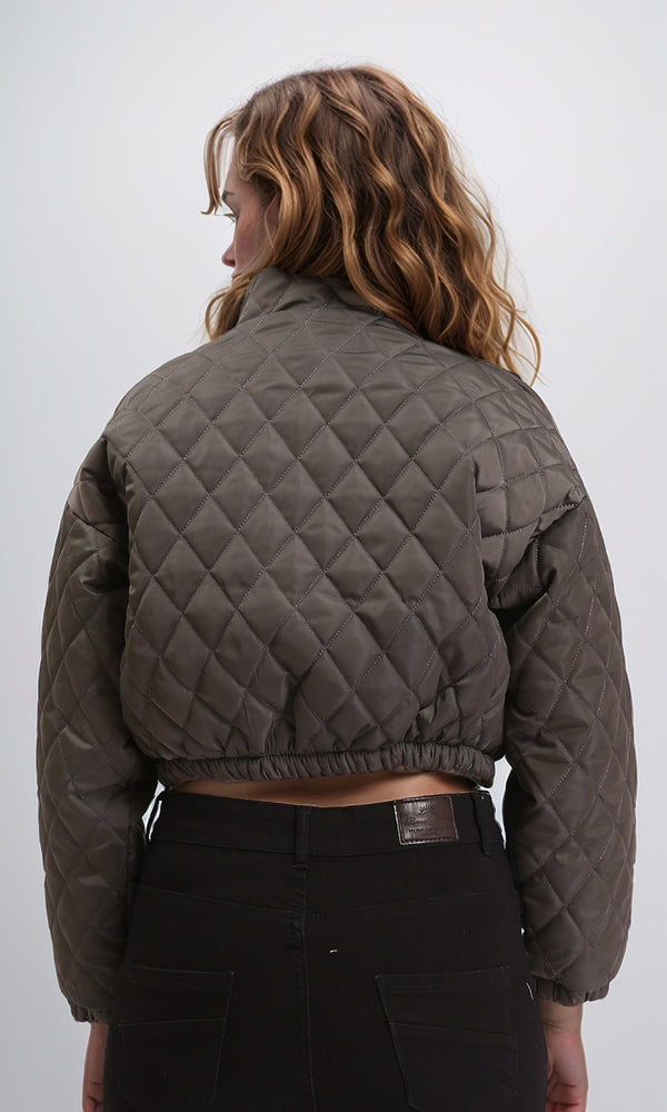 R211457 - Fashionable Zipped Short Quilted Jacket - Charcoal Grey