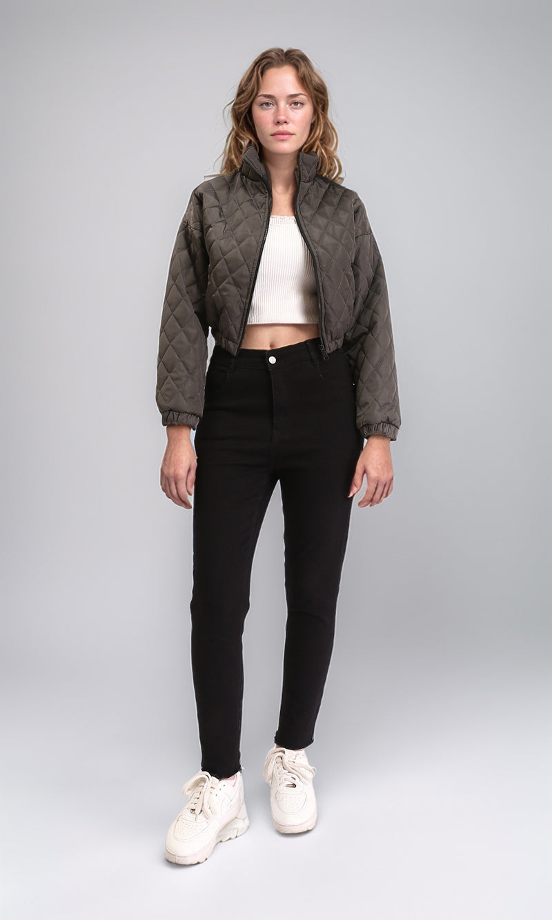 R211457 - Fashionable Zipped Short Quilted Jacket - Charcoal Grey