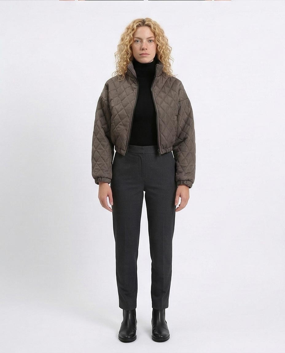 R211457 - Fashionable Zipped Short Quilted Jacket - Charcoal Grey