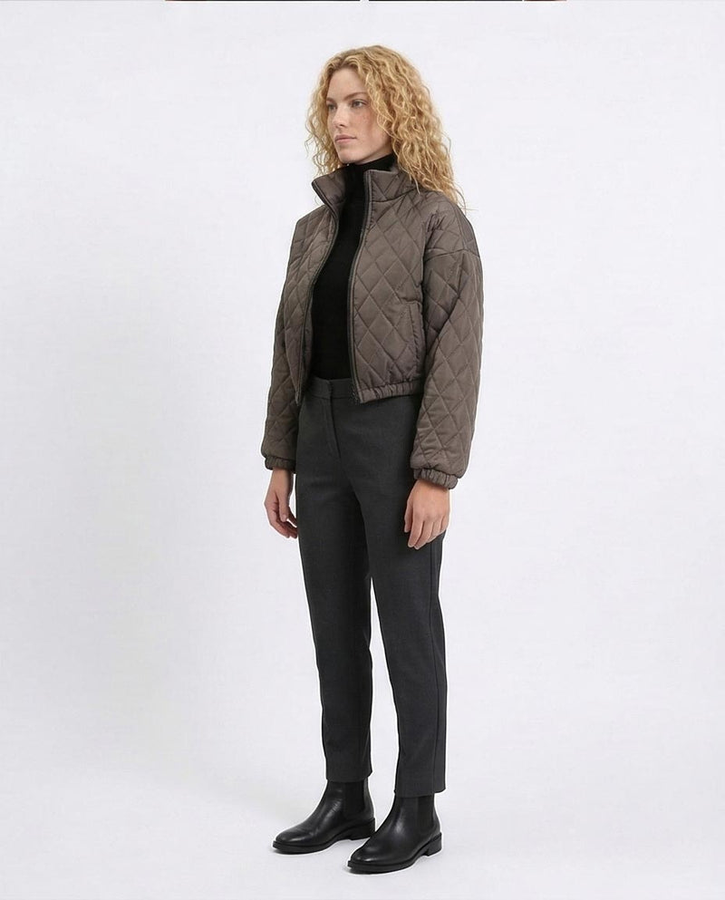 R211457 - Fashionable Zipped Short Quilted Jacket - Charcoal Grey