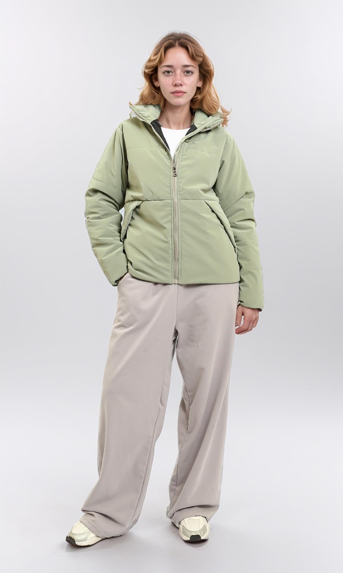 R211477 - Solid Bomber Jacket with Stand Collar - Light Mint
