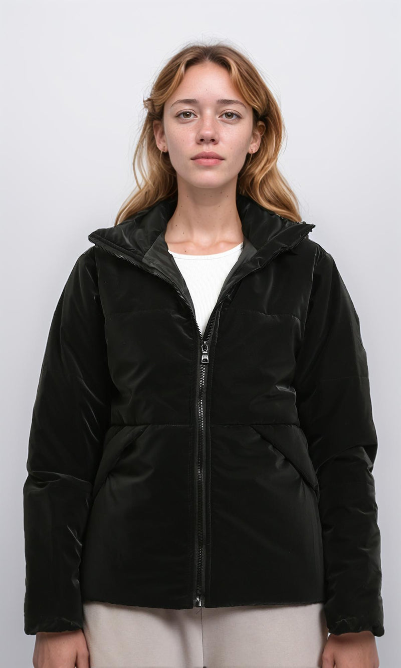 R211478 - Solid Bomber Jacket with Stand Collar - Black