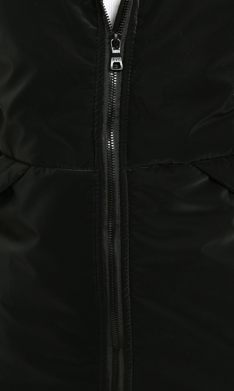 R211478 - Solid Bomber Jacket with Stand Collar - Black