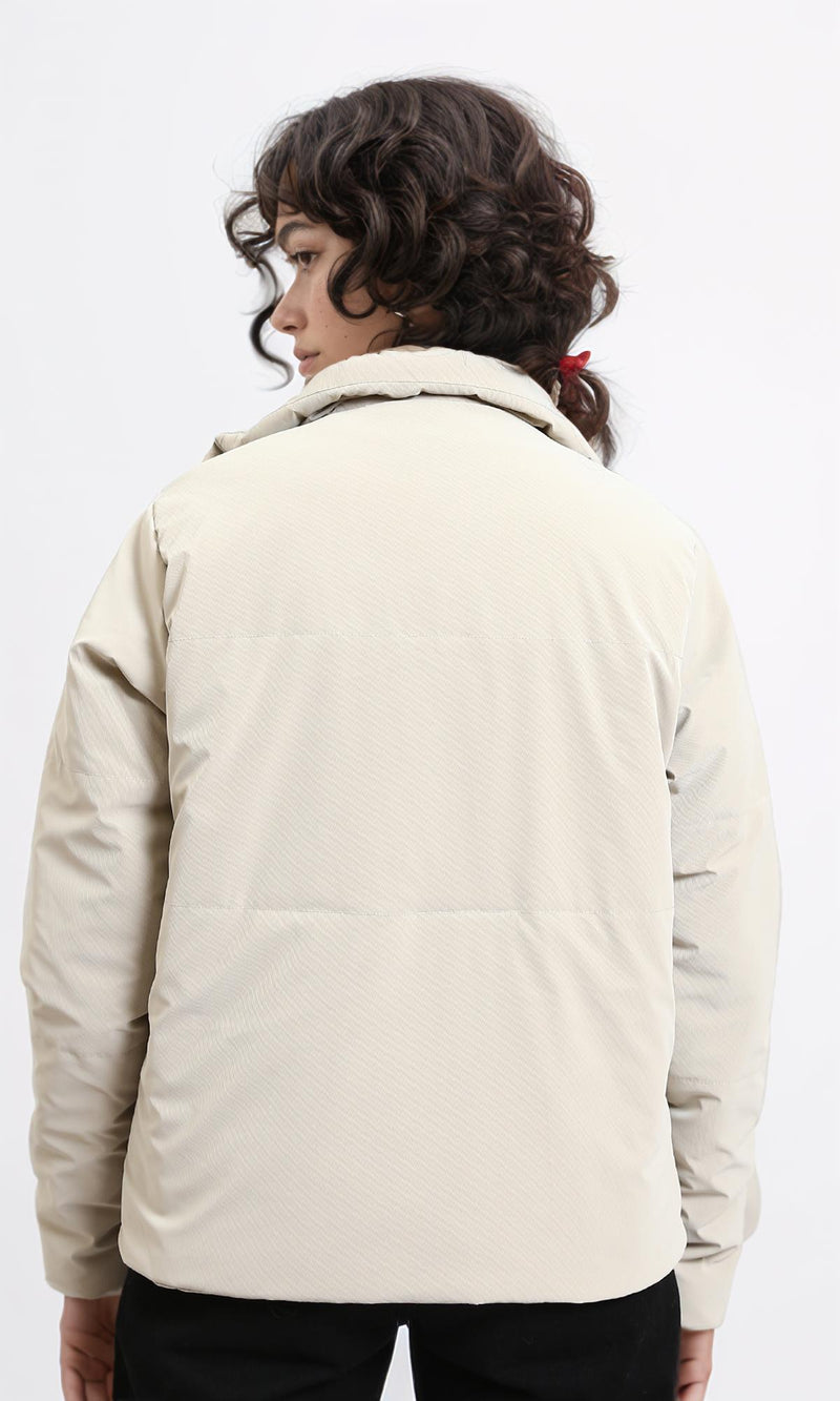 R211479 - Long Sleeves Solid Bomber Jacket - Light Beige