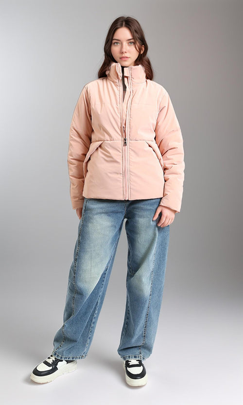 Soft Apricot Padded Zip-Up Jacket - R211480