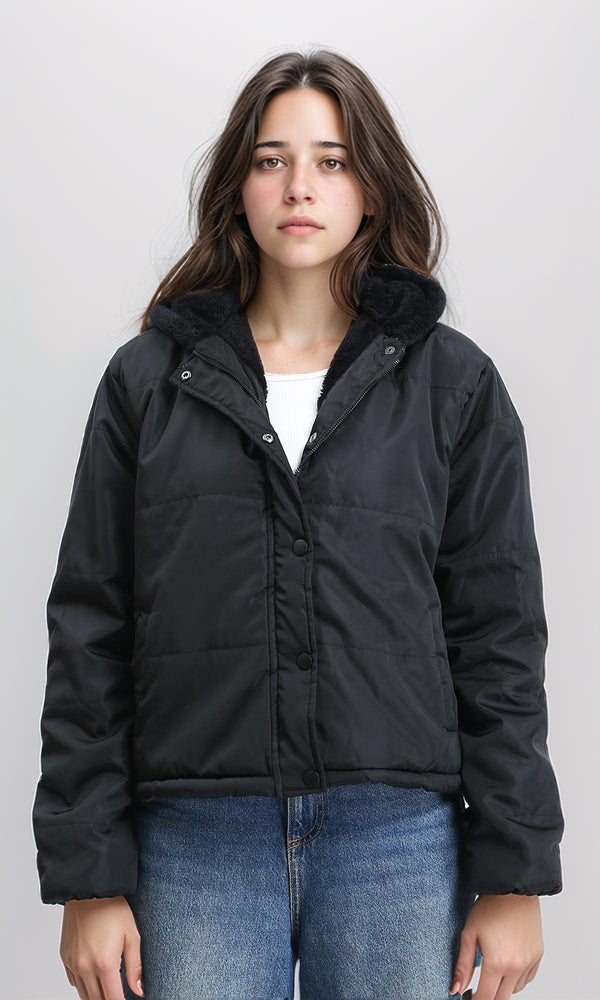 R211495 - Fur Hooded Neck Bomber Jacket - Black