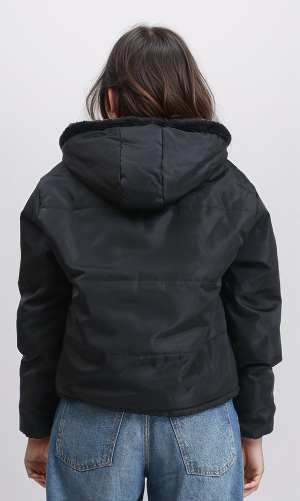 R211495 - Fur Hooded Neck Bomber Jacket - Black