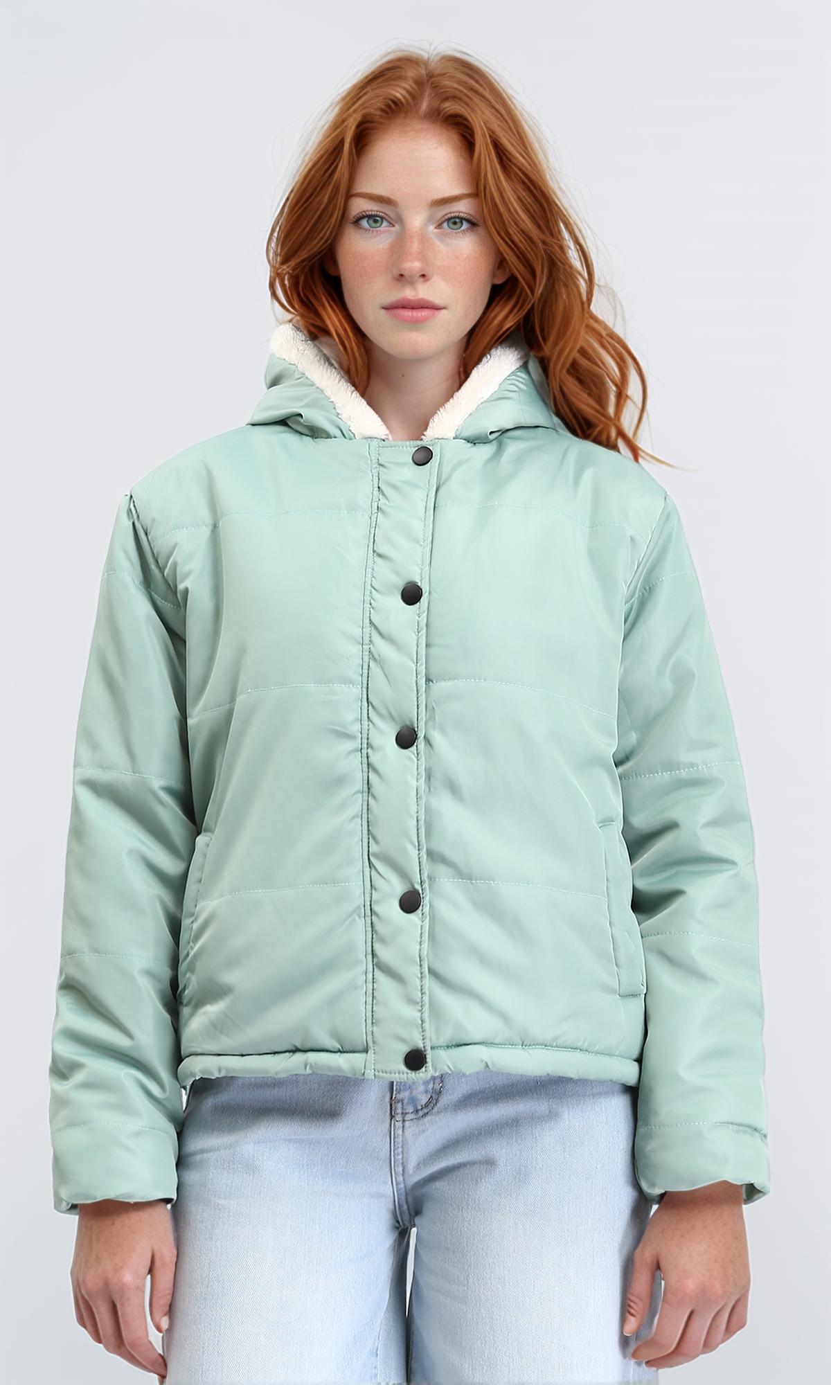 Fur Hooded Neck Puffer Jacket - Mint