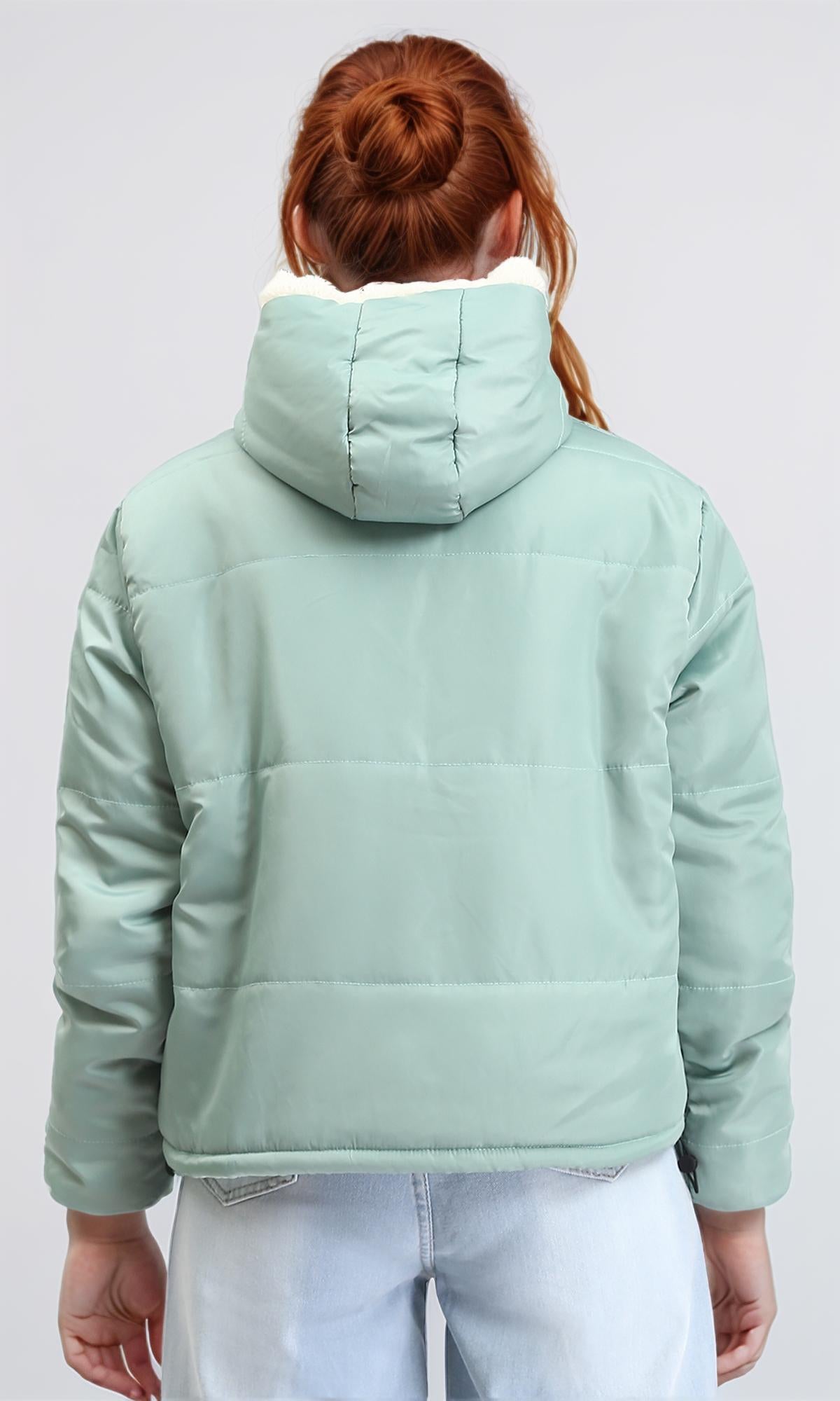 Mint Fur Hooded Neck Puffer Jacket - R211496