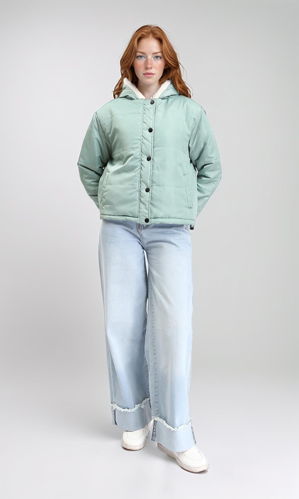 Mint Fur Hooded Neck Puffer Jacket - R211496