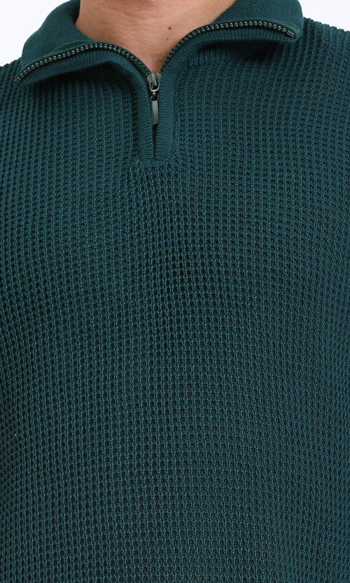 R211500 - Zipped Knitted Sweater with Classic Collar - Forest Green
