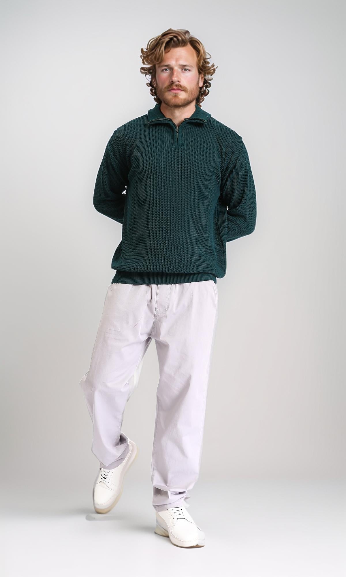 R211500 - Zipped Knitted Sweater with Classic Collar - Forest Green