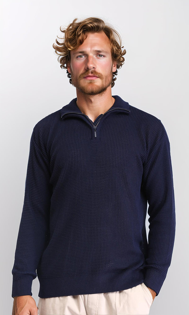 R211501 - Zipped Knitted Sweater with Classic Collar - Navy Blue
