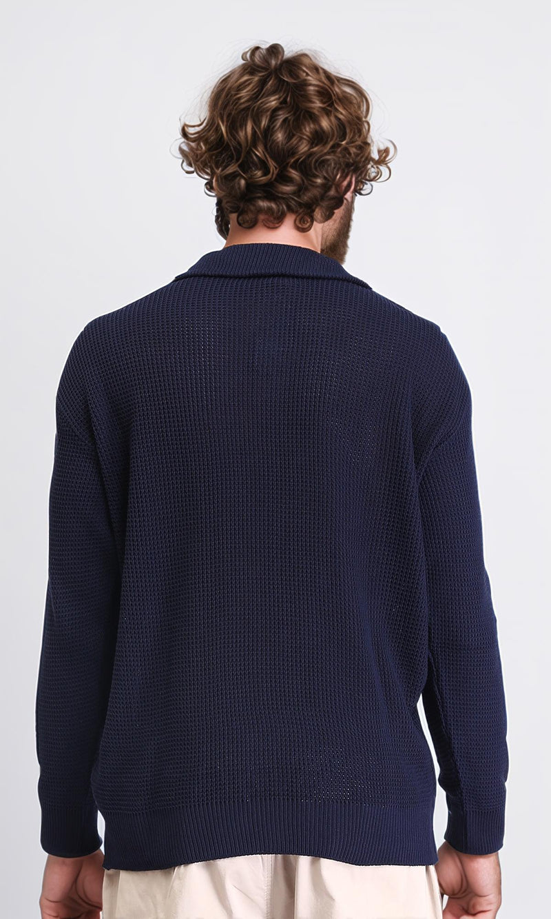 R211501 - Zipped Knitted Sweater with Classic Collar - Navy Blue