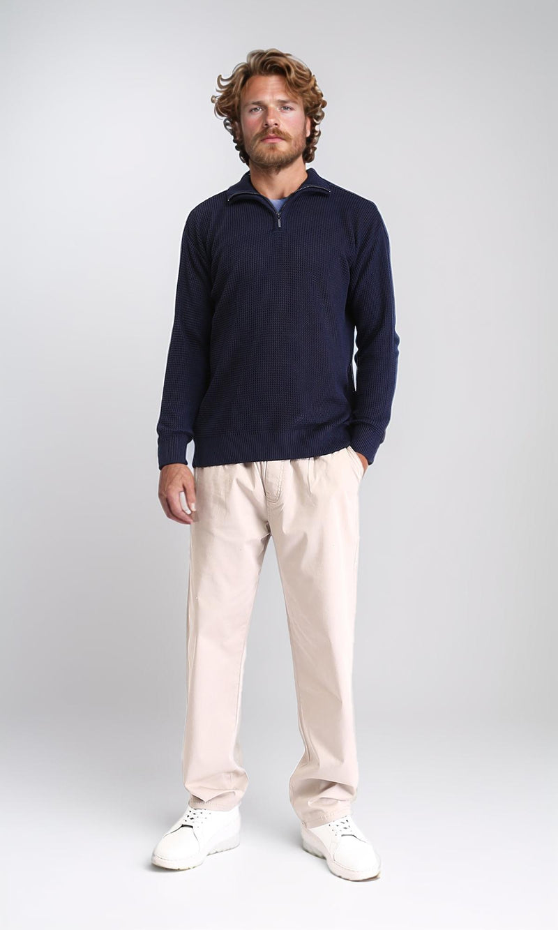 R211501 - Zipped Knitted Sweater with Classic Collar - Navy Blue