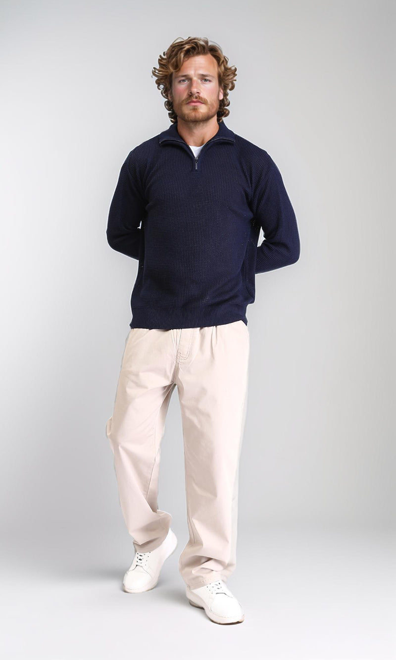 R211501 - Zipped Knitted Sweater with Classic Collar - Navy Blue