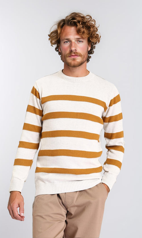 R211502 - Slip On Striped Winter Pullover - Beige & Goldenrod